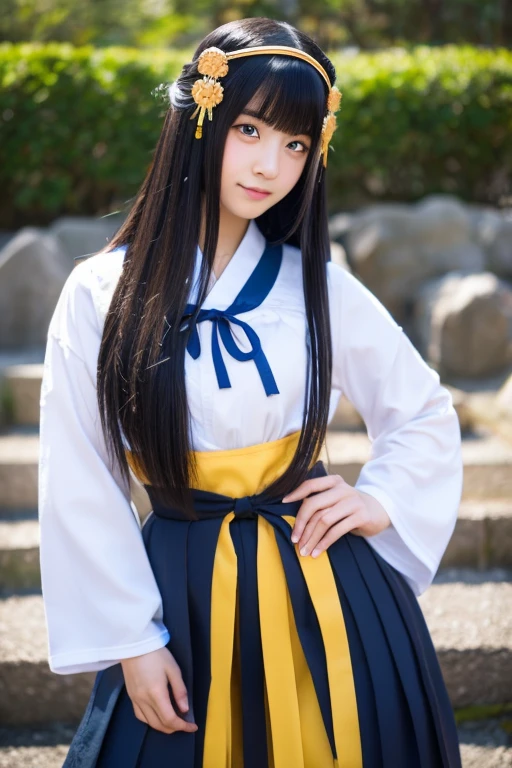 High school girl with long black hair wearing Japanese mythology costume