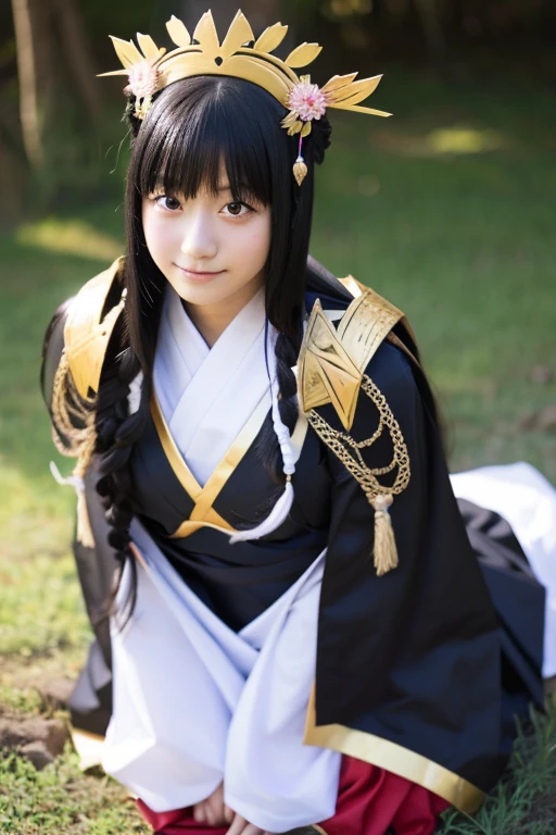 High school girl with long black hair wearing Japanese mythology costume