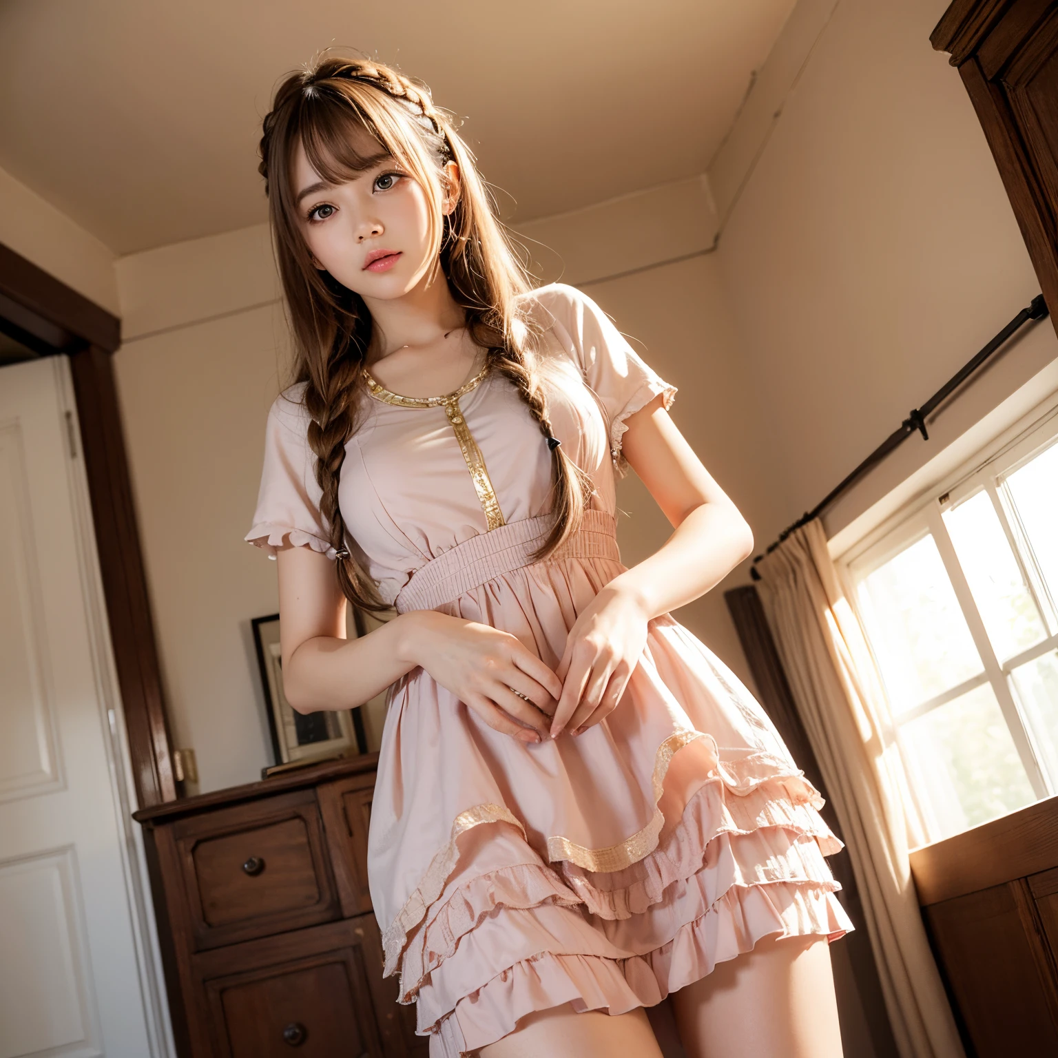 from below, super high quality, (8k, RAW photo, realistic), wearing light pink dress, skirt lift. light brown flowing layered braided bangs medium hair, beautiful cute woman, shining gold big eyes, annoying sexy expressions, medium breasts, slender, perfect proportion, background gorgeous bed room