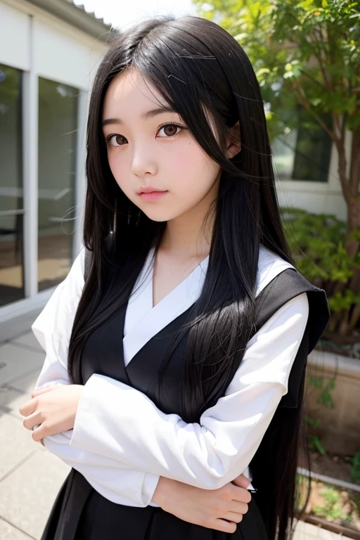 A high school girl with long black hair wearing a costume from Japanese mythology