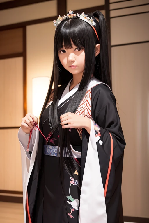 A ****** high ****** girl with long black hair wearing a white kimono and black hakama