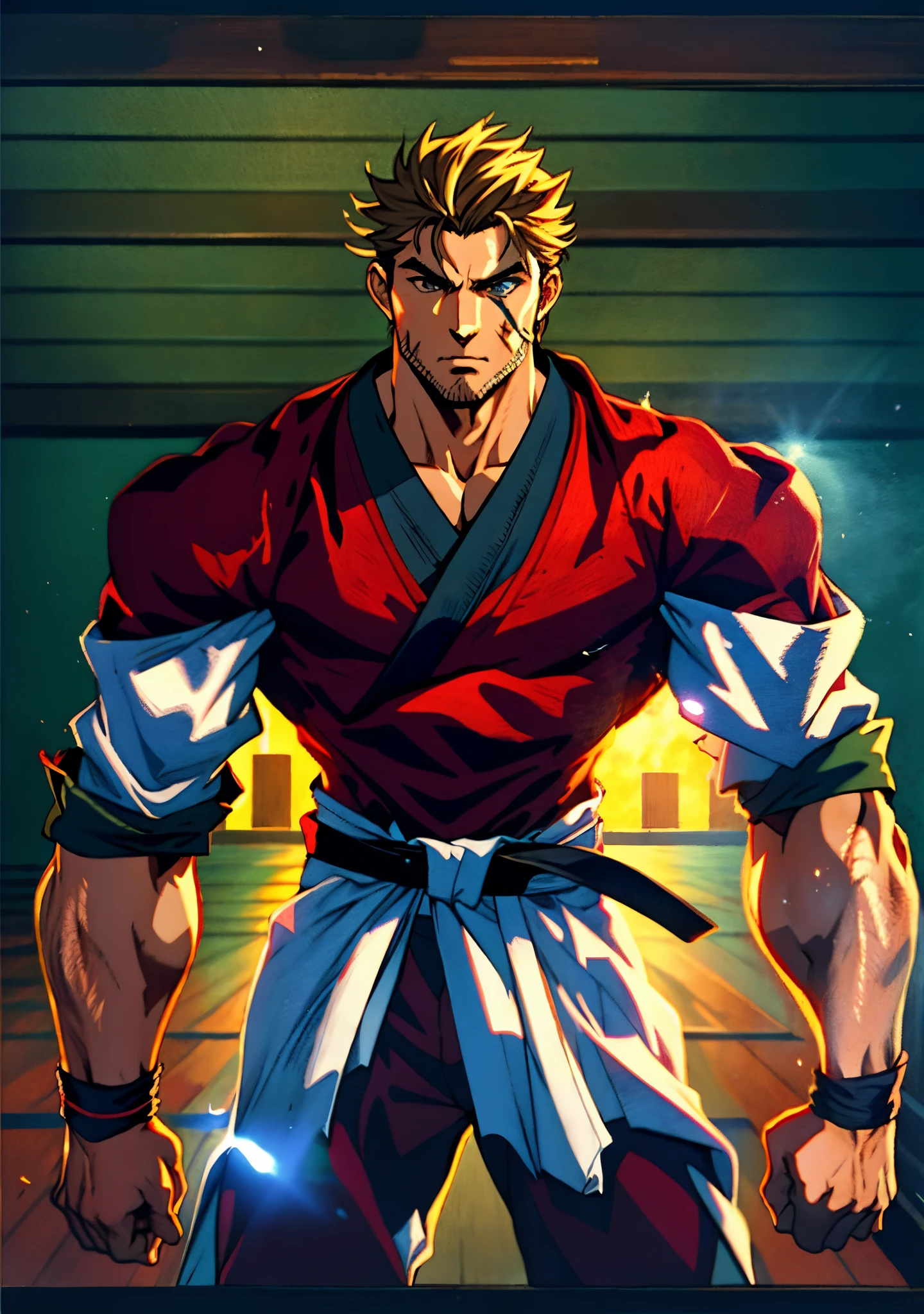 A middle-aged man around 50, short black hair tinged with white, a vertically upright hairstyle, thick eyebrows, round and large eyes, scars are present on the eyes and the bridge of the nose, a full beard, a muscular and robust physique, loose martial arts-style robes, rolled-up sleeves, cloth wrist guards, a linen belt around his waist, tattered hem, matching coarse fabric pants, the background is within a tidy dojo, this character embodies a finely crafted fantasy-realistic style martial artist in anime style, exquisite and mature manga art style, high definition, best quality, highres, ultra-detailed, ultra-fine painting, extremely delicate, professional, anatomically correct, symmetrical face, extremely detailed eyes and face, high quality eyes, creativity, RAW photo, UHD, 8k, Natural light, cinematic lighting, masterpiece-anatomy-perfect, masterpiece:1.5