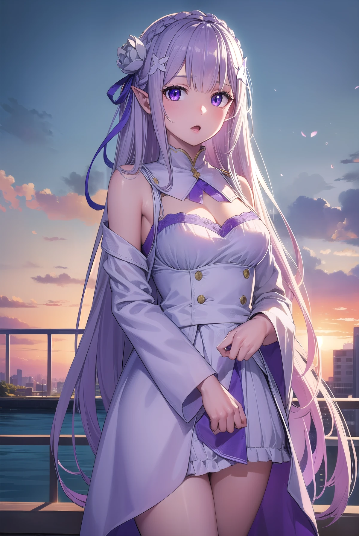 rezeroemilia, emilia, braid, crown braid, flower, hair flower, hair ornament, hair ribbon, long hair, low-tied long hair, (purple eyes:1.2), pointy ears, white flower, x hair ornament, open mouth,
BREAK White Lacey bra, blue jeans,
BREAK outdoors, city,
BREAK looking at viewer, (cowboy shot:1.5),
BREAK (masterpiece:1.2), best quality, high resolution, unity 8k wallpaper, (illustration:0.8), (beautiful detailed eyes:1.6), extremely detailed face, perfect lighting, extremely detailed CG, (perfect hands, perfect anatomy),