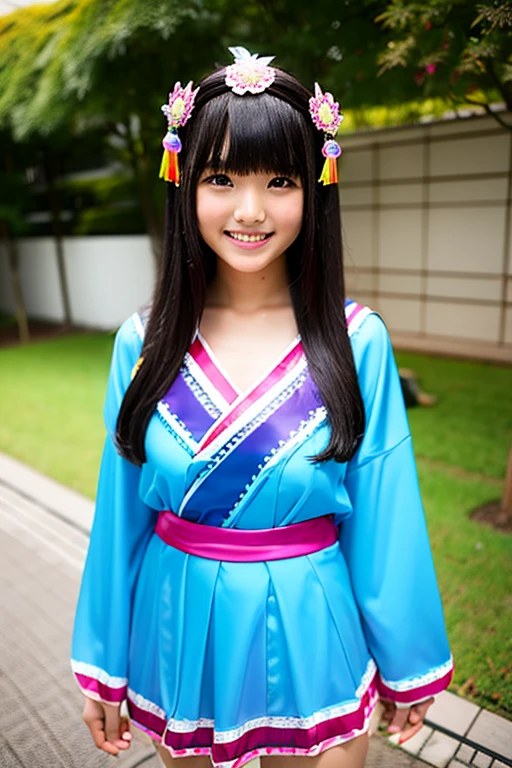 A junior high school girl with long black hair wearing a costume from Japanese mythology