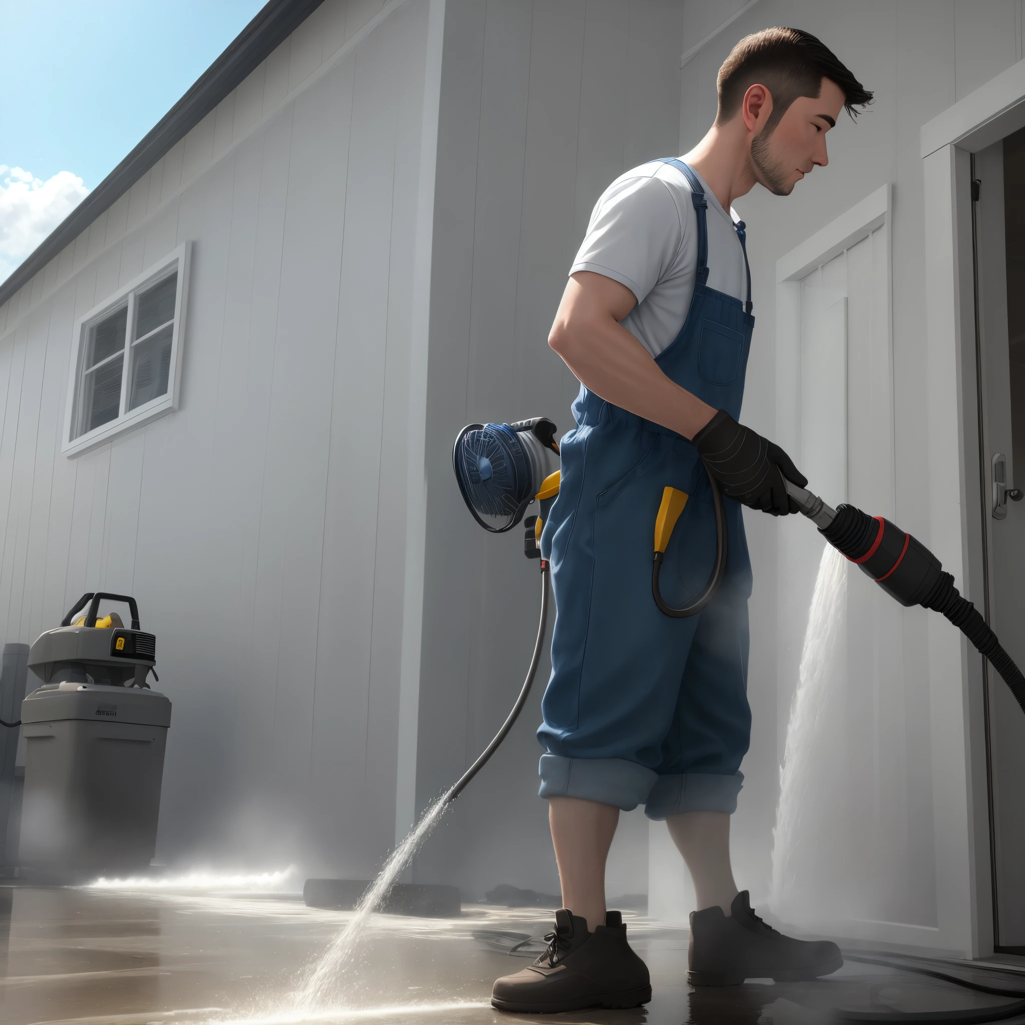 Man washing a house with a pressure washer machine