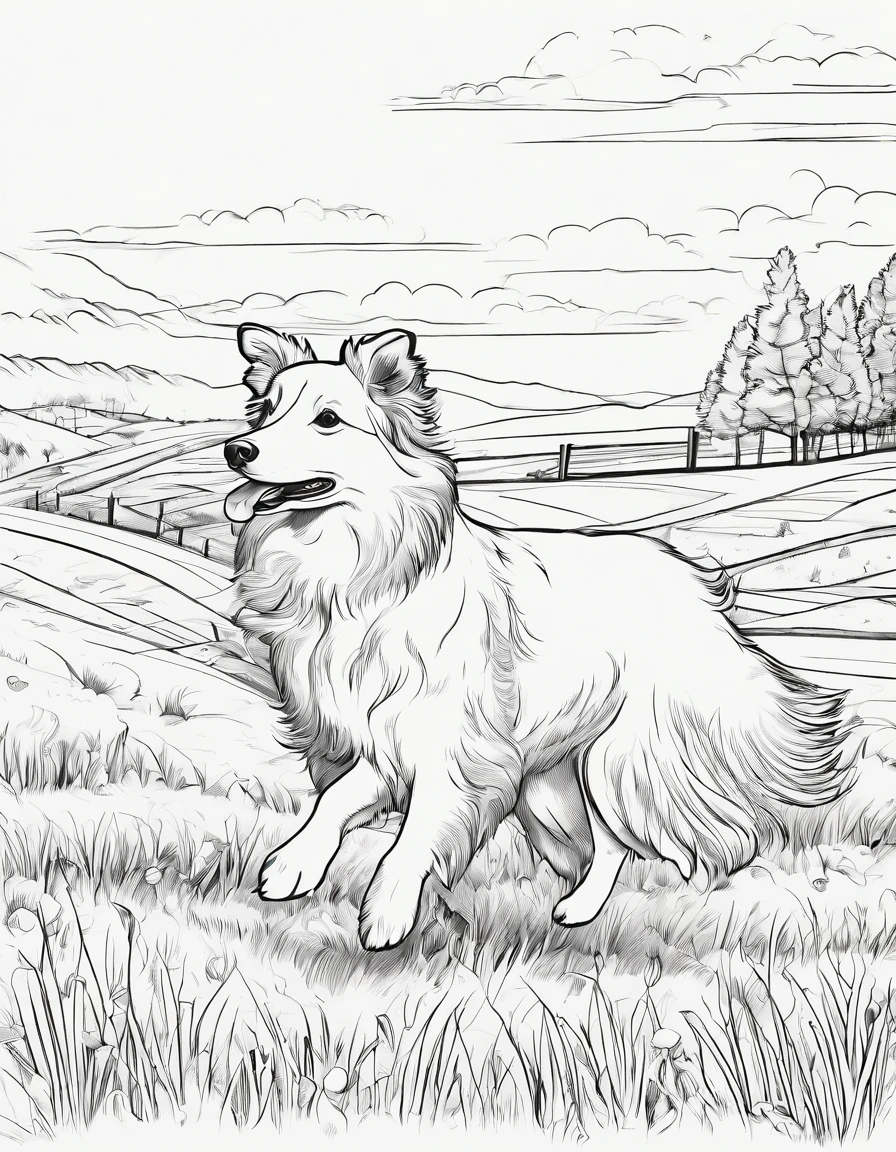Shetland sheepdog running in a field, for coloring page, high quality, no shading
