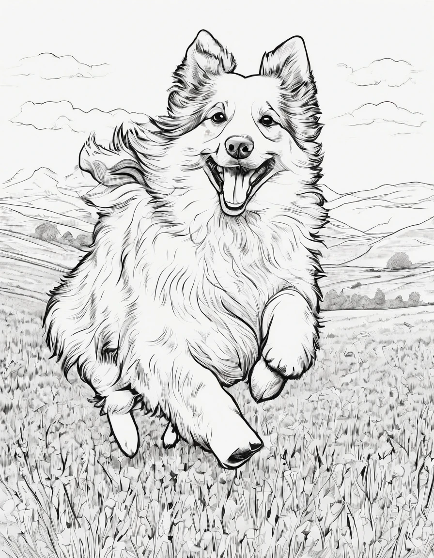 Shetland sheepdog running in a field, for coloring page, high quality, no shading