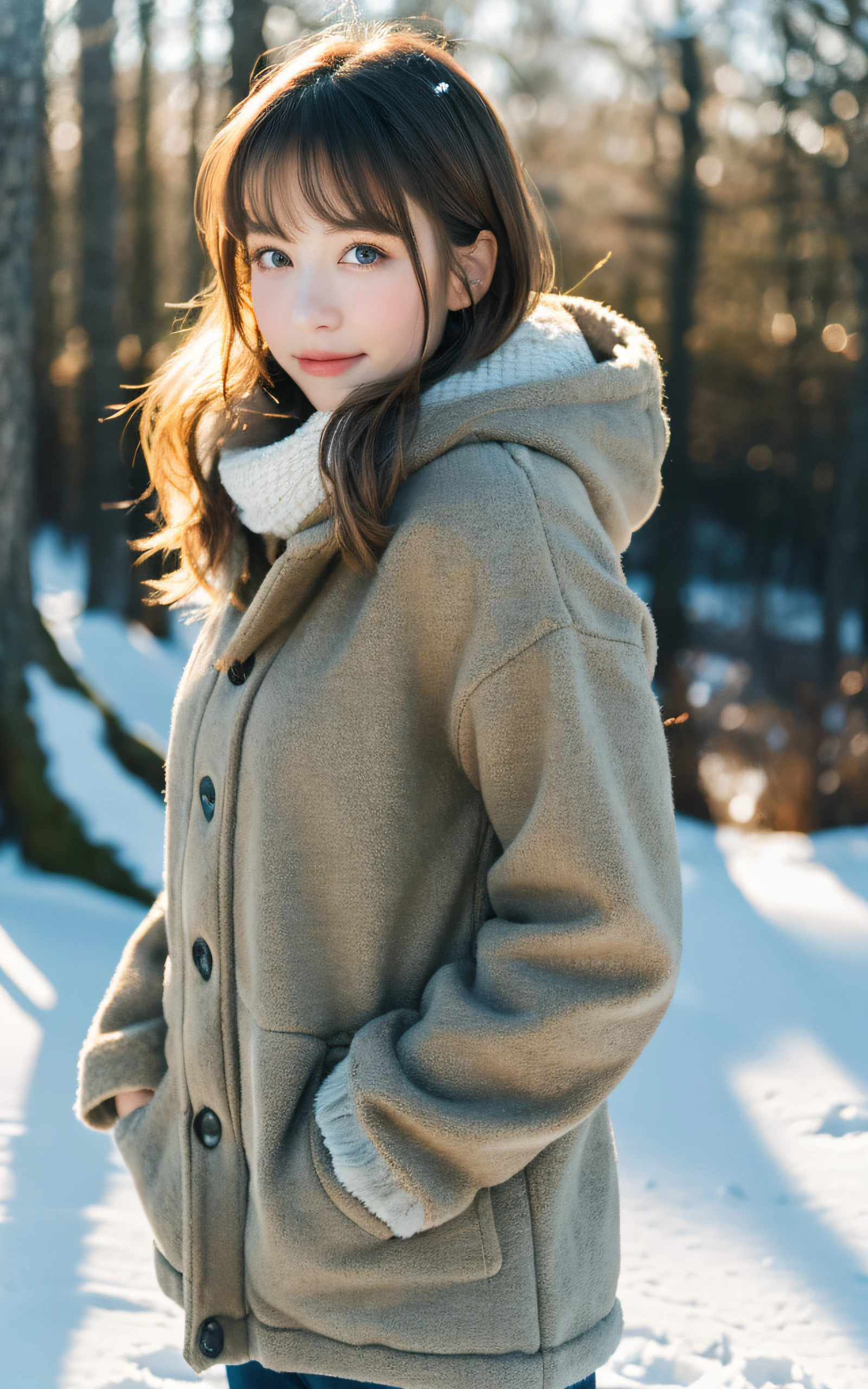 masterpiece, Best Quality, 8K, 1 girl, 20 yo, medium breast, cuddly, Solo, sad, Snowy landscape, forest covered with snow, Cute, Girly, Delicate girl, Neat and clean beauty, Raw photo, Professional Photography, Portrait, Soft light, Professional Lighting, Back lighting, Upper body, look forward to your eyes, Sophisticated, Film grain, (Eyes and faces with detailed:1.0), short length floating hair, beautiful brown flowing hair, warm winter jacket