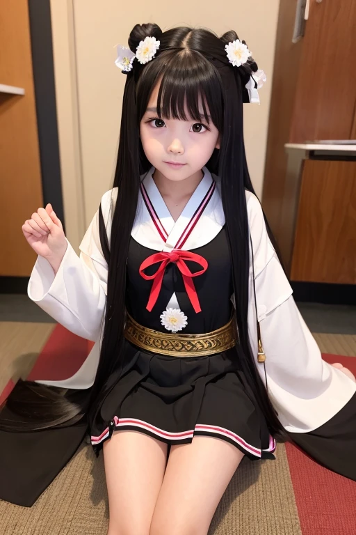 Elementary school girl with long black hair wearing Japanese mythology costume