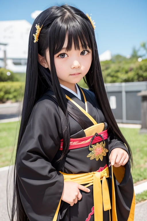 Elementary school girl with long black hair wearing Japanese mythology costume