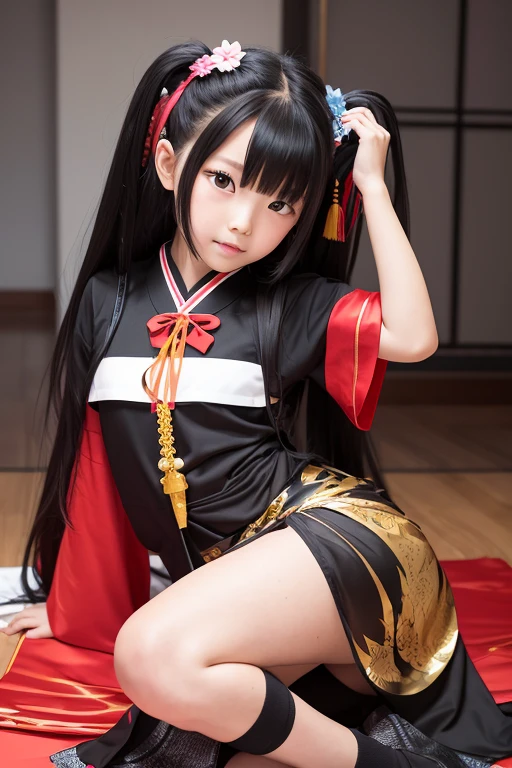 Elementary school girl with long black hair wearing Japanese mythology costume