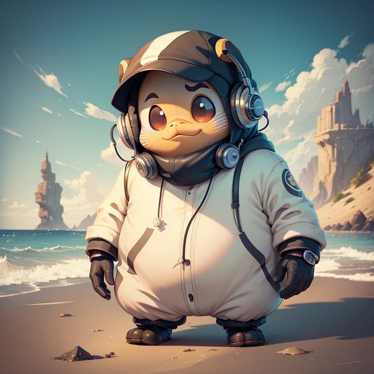 masterpiece、top-quality、cartoon-penguin,Rockhopper penguins、adult penguin、smart、skinny body、Male、penguin beak、full bodyesbian、facing front、putting headphones on your head、