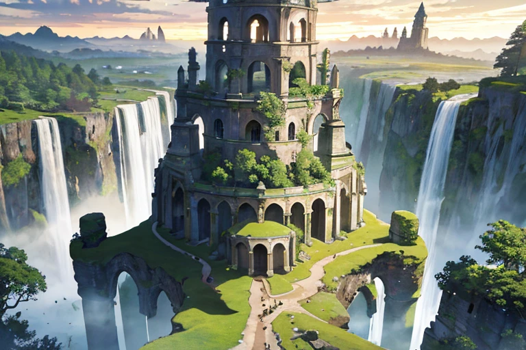masterpiece, best quality,ultra-detailed, fine detailed, 8k, scenery, landscape, no humans, wide shot, sunrise sky, a mysterious giant splendid tree that seems to cover the world with lush green leaves, multiple towers of various sizes, ancient structures, ruins, cityscape, forest, waterfall, nature, ray tracing, refraction, cinematic lighting