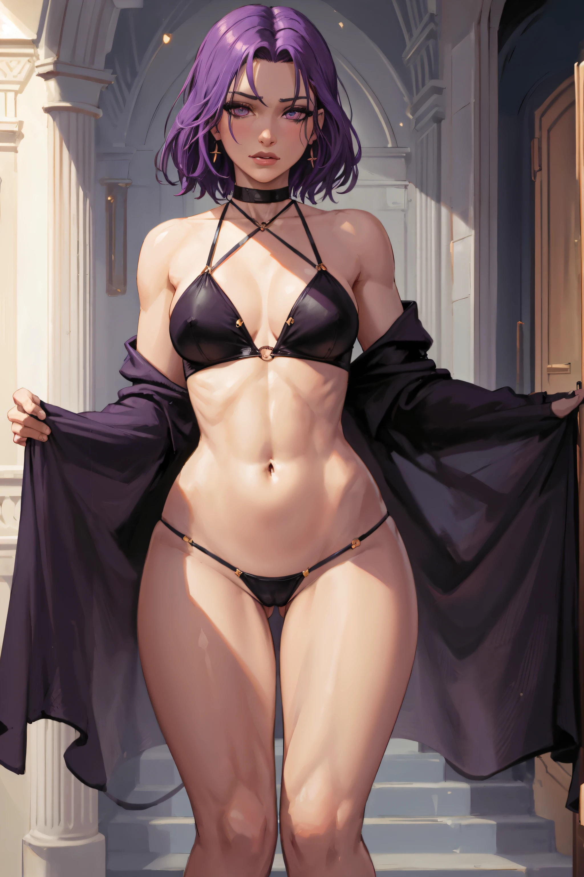 absurdres, [perfect shadows and lighting], detailed background, incredible high-key lighting, masterpiece, high quality, detailed, extremely detailed, ambient soft lighting, 4K, 1girl, bare shoulders, flat chest, choker, dark-skinned feminine boy, dark skin, jewelry, looking at viewer, navel, purple eyes, purple hair, revealing clothes, short hair, solo, thighs,