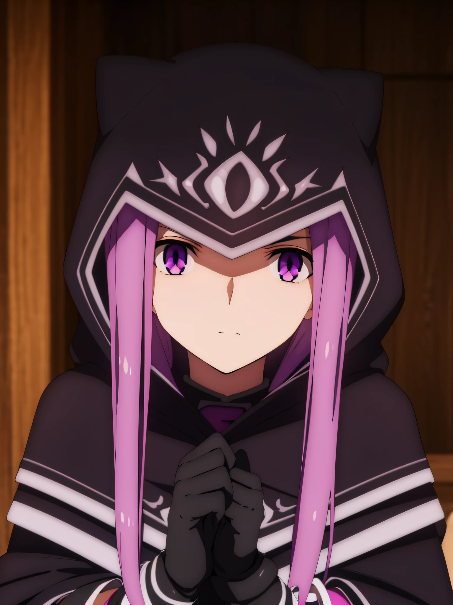 highres, absurdres, medusa lily, medusa \(fate\), long hair, (purple eyes:1.1), purple hair, sidelocks, braid, braided ponytail,thighhighs, gloves, black gloves, hood, (hood up:1.2), cape, capelet, cloak, black cape, black capelet, black cloak, solo, 1girl, looking at viewer, documentary, :<