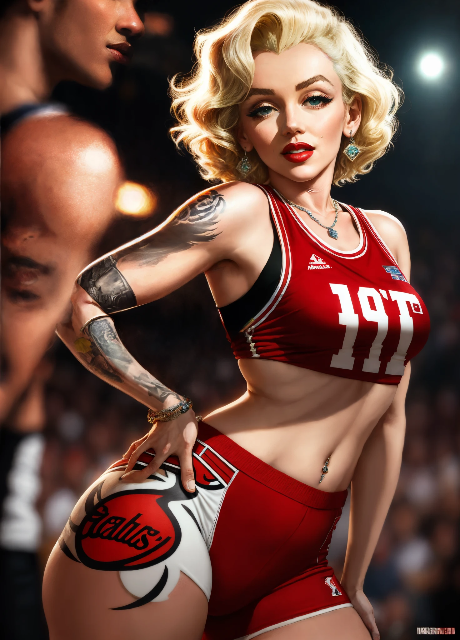 Marilyn Monroe with bulls jersey on , tattoos , jewelry