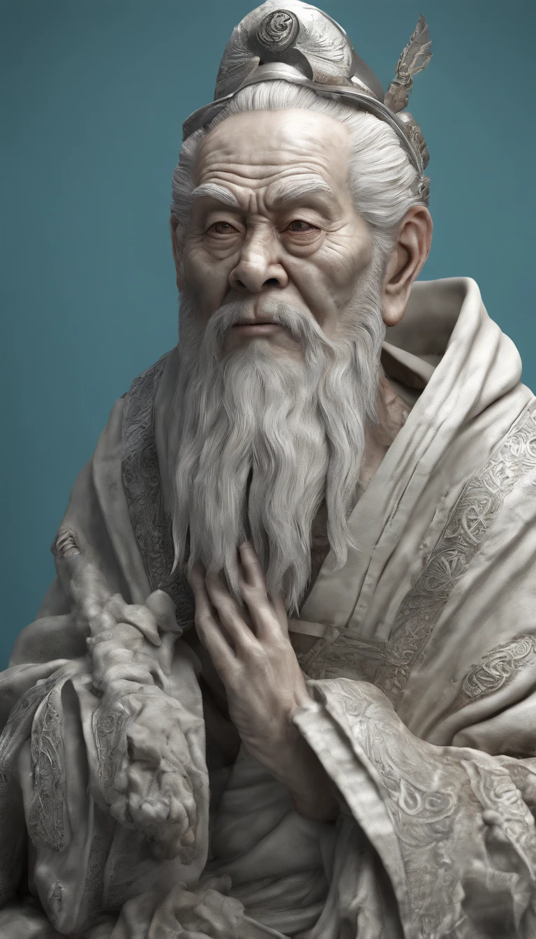 Old Man of the East,Taoist god statue front portrait,Audience visual inspection,Immortal Wind Road Bone,White haired man。Off-white clothes。cyan blue background。hyper HD, retinas, tmasterpiece, Acura, Anatomically correct, Award-Awarded, high high quality, high detal, super detailing, ctextured skin, Best quality at best, A high resolution, 1080p, k hd, 4K, 8K, 16k。