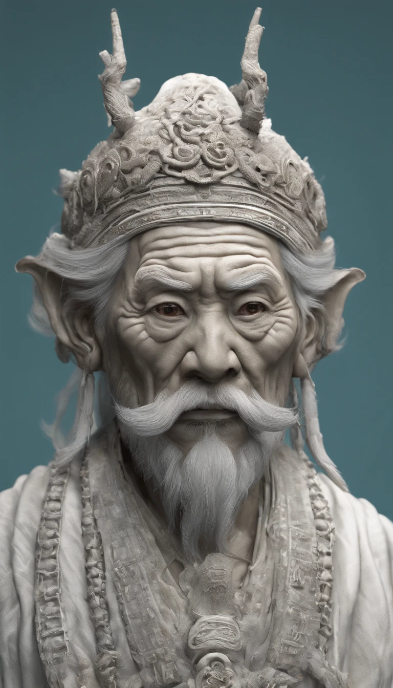 Old Man of the East，Taoist god statue front portrait，Audience visual inspection，Immortal Wind Road Bone，White haired man。Off-white clothes。cyan blue background。hyper HD, retinas, tmasterpiece, Acura, Anatomically correct, Award-Awarded, high high quality, high detal, super detailing, ctextured skin, Best quality at best, A high resolution, 1080p, k hd, 4K, 8K, 16k。