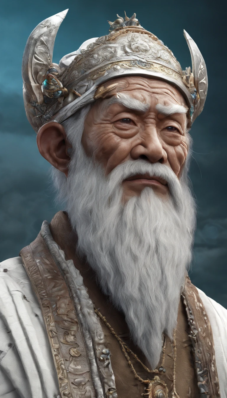Old Man of the East，Taoist god statue front portrait，Audience visual inspection，Immortal Wind Road Bone，White haired man。Off-white clothes。cyan blue background。hyper HD, retinas, tmasterpiece, Acura, Anatomically correct, Award-Awarded, high high quality, high detal, super detailing, ctextured skin, Best quality at best, A high resolution, 1080p, k hd, 4K, 8K, 16k。