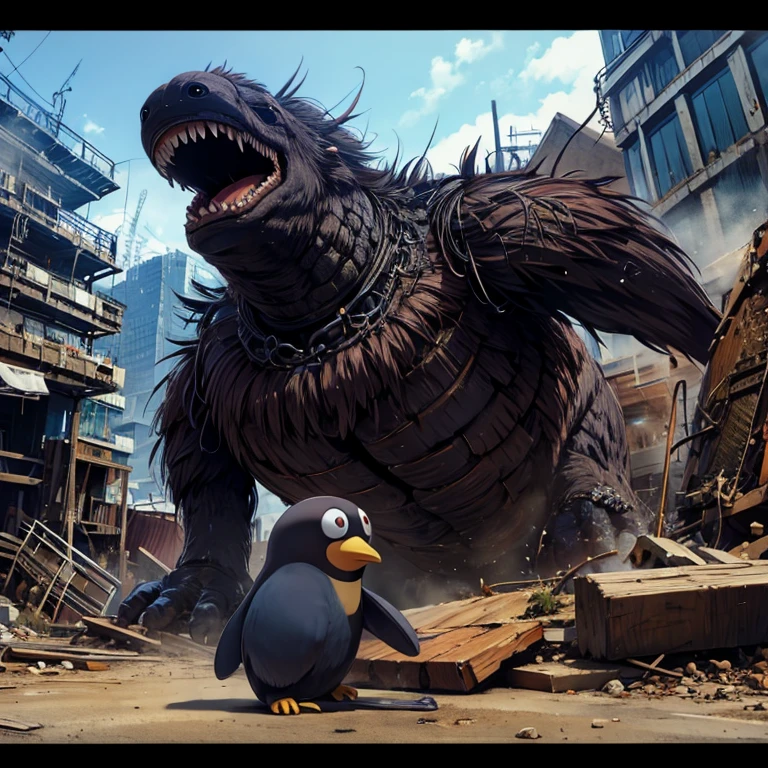 A giant mechanic pingouin, cartoon, apocalypse scene, Kaiju