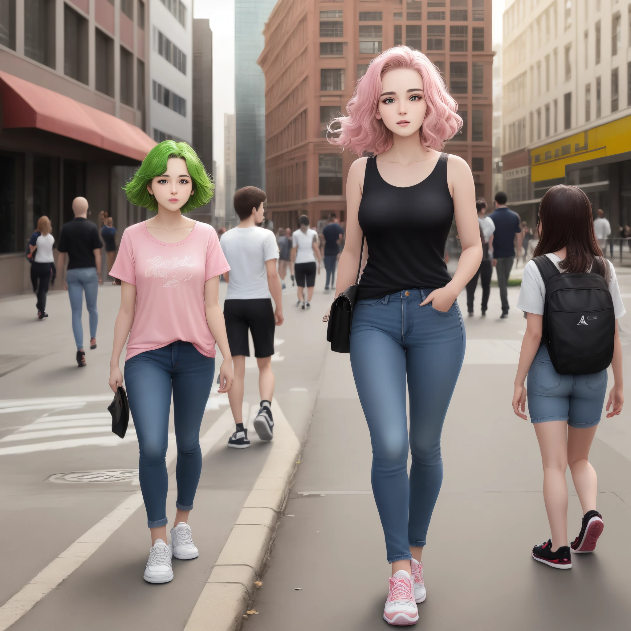 Obra-prima, de melhor qualidade, um adolescente, de cabelos rosa pra cima,sem franja, com olhos verdes ,vestindo uma camisola amarela,with jeans,sapatos da Air Jordan one,standing in the city,with people passing behind