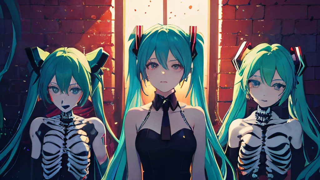 skull、miku hatsune、女の子1人、Green hair、Akame、the witch、skeleton、Red light particles、Red rays、wall-paper、highcontrast、colourfull