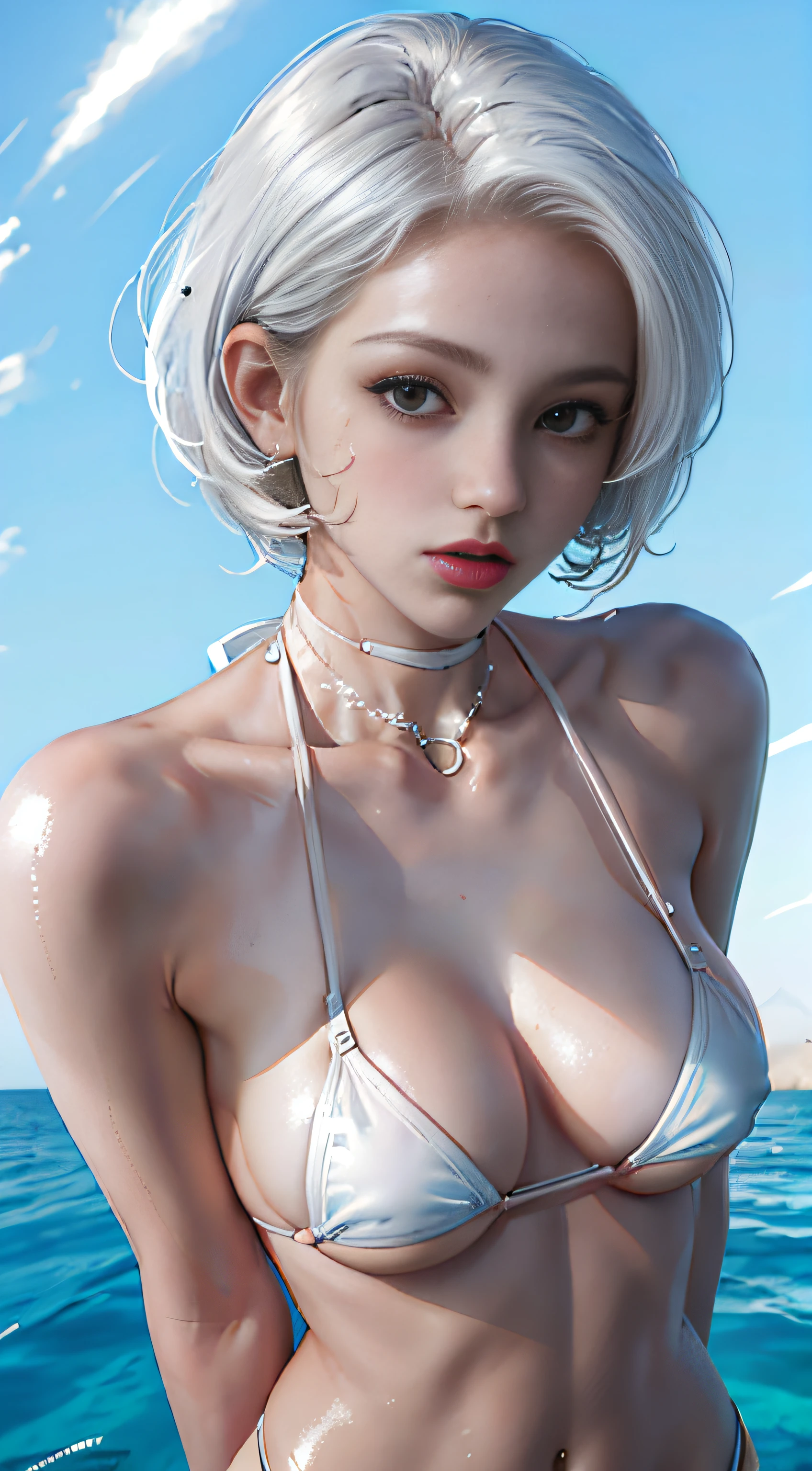 Chic, Hourglass body, short white-hair, (((Micro Black Bikini))) , 8k picture, Best Quality, ((((Micro Bikini)))), Beach, ((((bottom-up view)))), (((Micro Bikini))), (((White shiny skin)))