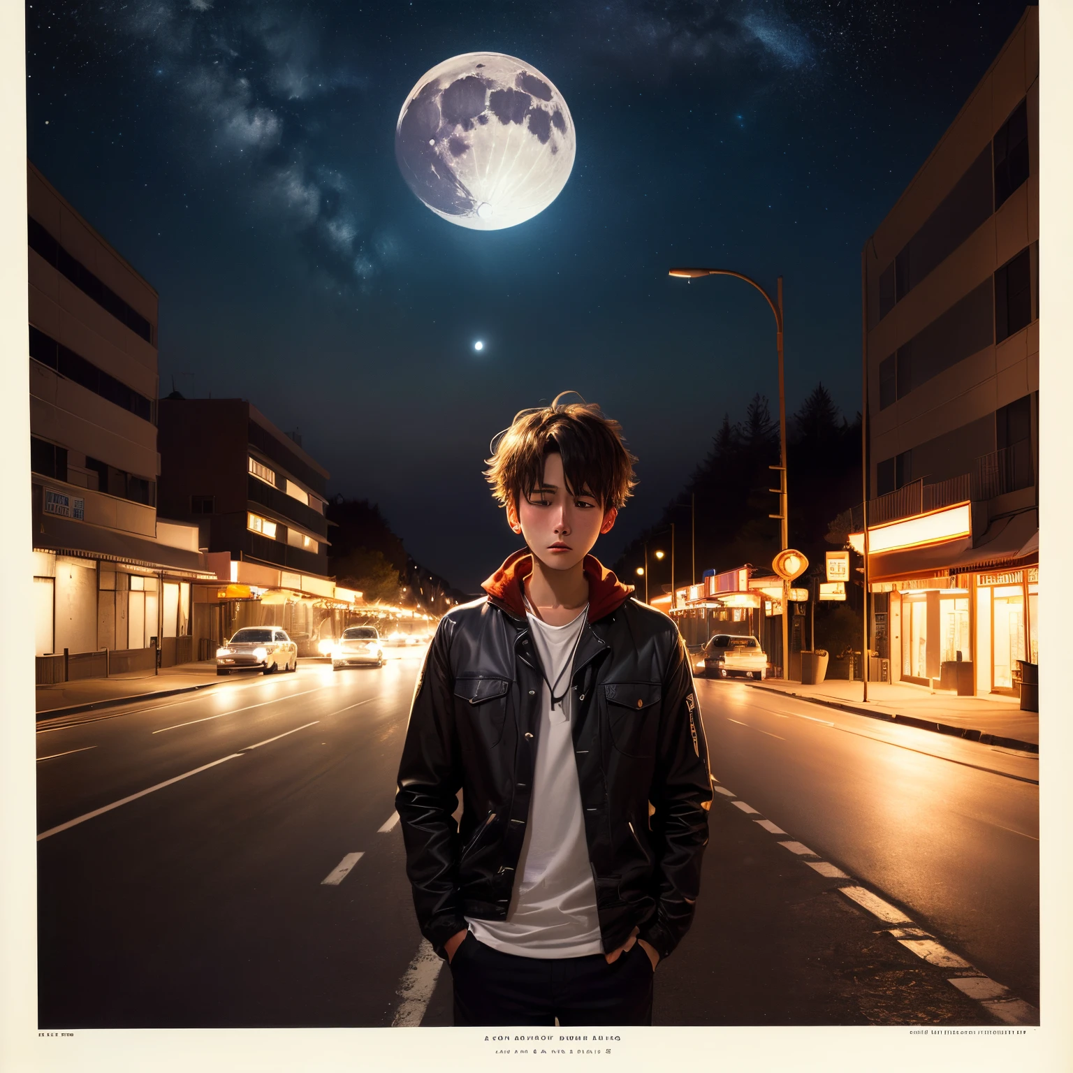 A sad boy alone night time moon light alone highway road mouth position down