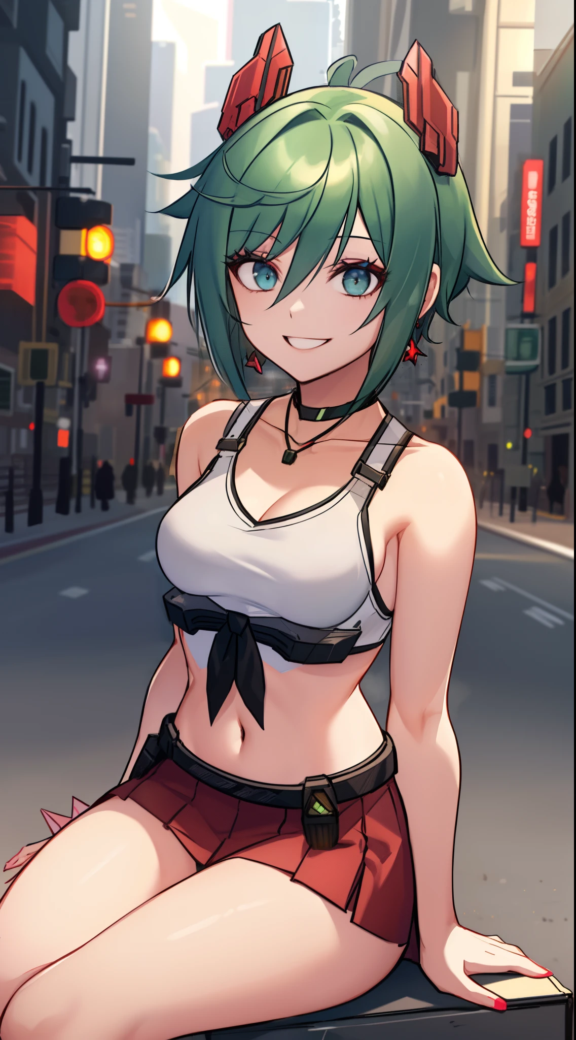 a woman with green hair and a red top is sitting on a city street with a traffic light in the background, Artgerm, anime art, cyberpunk art, photorealism, 1girl, short hair, bare_shoulders, black_choker, small breasts, mecha headgear, bridge, blue eyes, smiling, building, choker, city, cityscape, crop_top, jewelry, looking_at_viewer, makeup, midriff, navel, necklace, short_hair, side-tie_panties, sitting, red skirt, skyscraper, solo, tank_top