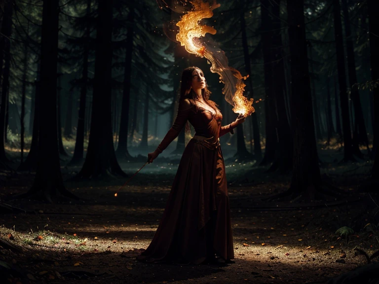 Envision a woman with fire power in a dark forest, surrounded by an ethereal glow from flames she commands. Describe her stance, with flames dancing around her fingertips, casting an otherworldly light that reveals the ancient trees and mysterious creatures in the shadows. Capture the intensity in her eyes as she navigates the eerie, enchanted forest, with the flames serving as both a source of power and a guiding light. Convey the sense of both danger and wonder as she harnesses her fiery abilities amidst the mystical darkness of the wooded landscape.