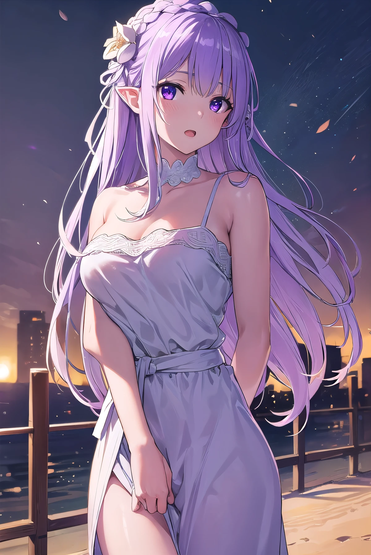rezeroemilia, emilia, braid, crown braid, flower, hair flower, hair ornament, hair ribbon, long hair, low-tied long hair, (purple eyes:1.2), pointy ears, white flower, x hair ornament, open mouth,
BREAK White Lacey bra, blue jeans,
BREAK outdoors, city,
BREAK looking at viewer, (cowboy shot:1.5),
BREAK (masterpiece:1.2), best quality, high resolution, unity 8k wallpaper, (illustration:0.8), (beautiful detailed eyes:1.6), extremely detailed face, perfect lighting, extremely detailed CG, (perfect hands, perfect anatomy),