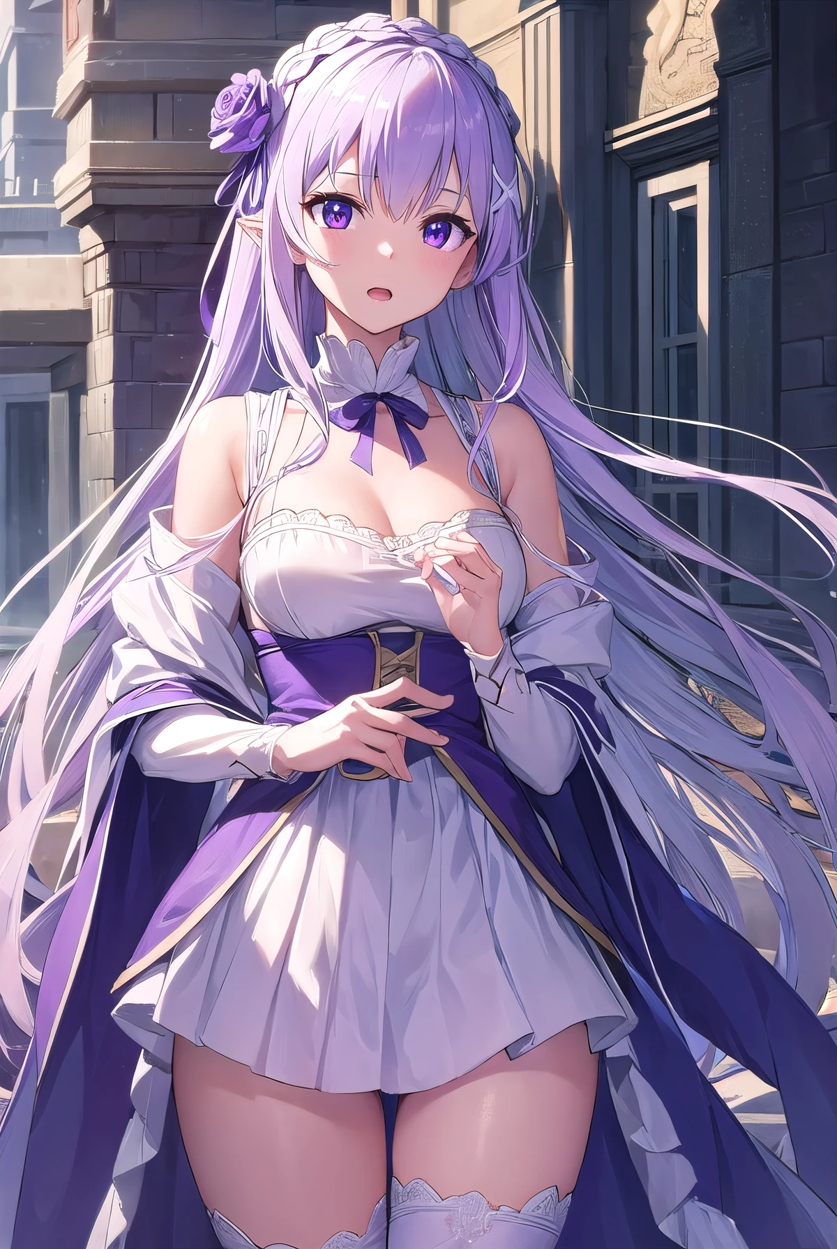 rezeroemilia, emilia, braid, crown braid, flower, hair flower, hair ornament, hair ribbon, long hair, pointy ears, (purple eyes:1.2), white hair, x hair ornament,
BREAK white bunny suit, sexy, skin tight, medium breasts, cleavage, bunny ears, fishnets, garter straps, zettai ryouiki,
BREAK outdoors, city,
BREAK looking at viewer, cowboy shot, full body, BREAK (masterpiece:1.2), best quality, high resolution, unity 8k wallpaper, (illustration:0.8), (beautiful detailed eyes:1.6), extremely detailed face, perfect lighting, extremely detailed CG, (perfect hands, perfect anatomy),