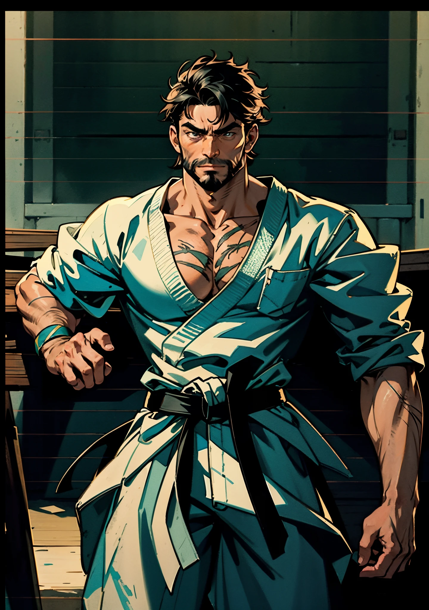 A middle-aged man around 50, short black hair tinged with white, a vertically upright hairstyle, thick eyebrows, round and large eyes, scars are present on the eyes and the bridge of the nose, a full beard, a muscular and robust physique, loose martial arts-style robes, rolled-up sleeves, cloth wrist guards, a linen belt around his waist, tattered hem, matching coarse fabric pants, the background is within a tidy dojo, this character embodies a finely crafted fantasy-realistic style martial artist in anime style, exquisite and mature manga art style, high definition, best quality, highres, ultra-detailed, ultra-fine painting, extremely delicate, professional, anatomically correct, symmetrical face, extremely detailed eyes and face, high quality eyes, creativity, RAW photo, UHD, 8k, Natural light, cinematic lighting, masterpiece-anatomy-perfect, masterpiece:1.5