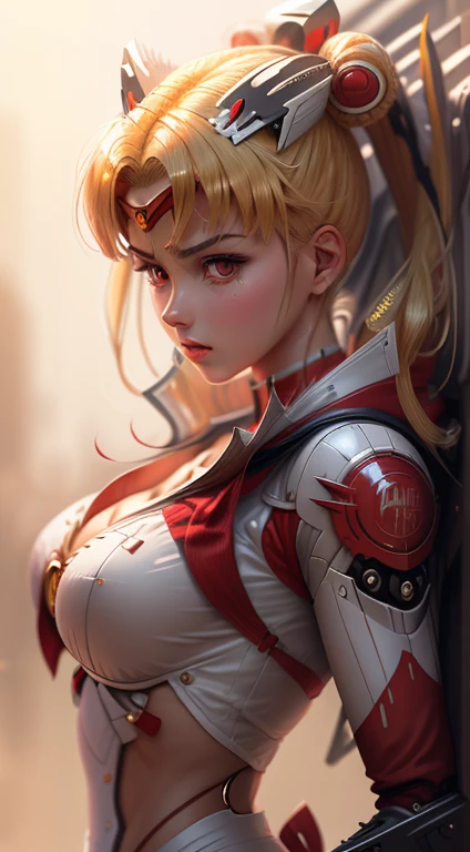 masterpiece, best quality, high resolution, A real life adaption of tsukino usagi, blonde hair, mecha, anger, mechanical limb, metal arms, exquisite face, red eyes, dynamic pose, , symmetry, side lighting, hyper realistic