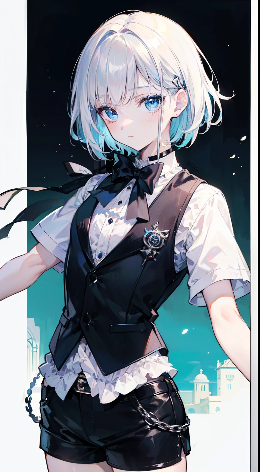 (top-quality、​masterpiece、high-level image quality、Super delicate)、((Beautiful Boys))、(Silvery medium hair、Long bangs)、(Blue eyes)、a choker、(A black butler-like vest and black shorts)、garterbelts、cool expression、