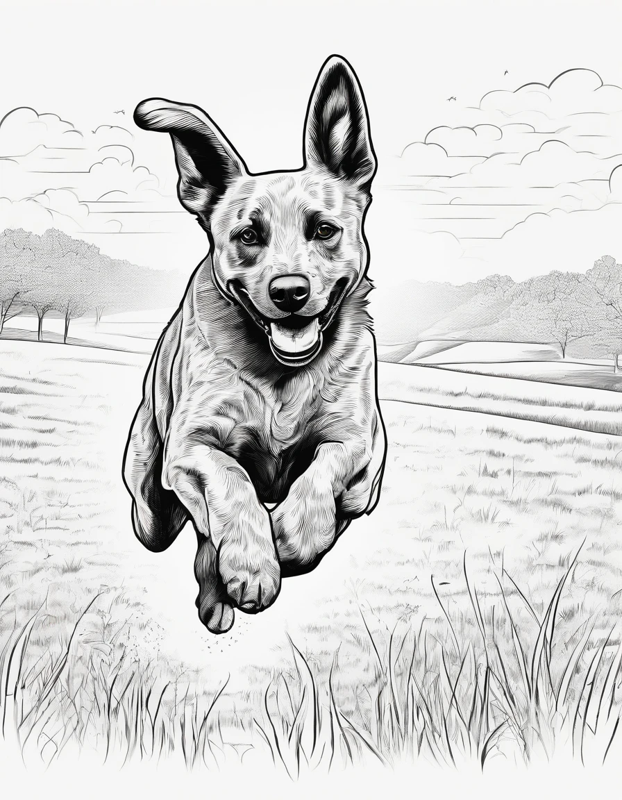 Blue heeler running in a field, high quality, high detail, for coloring page, no shading