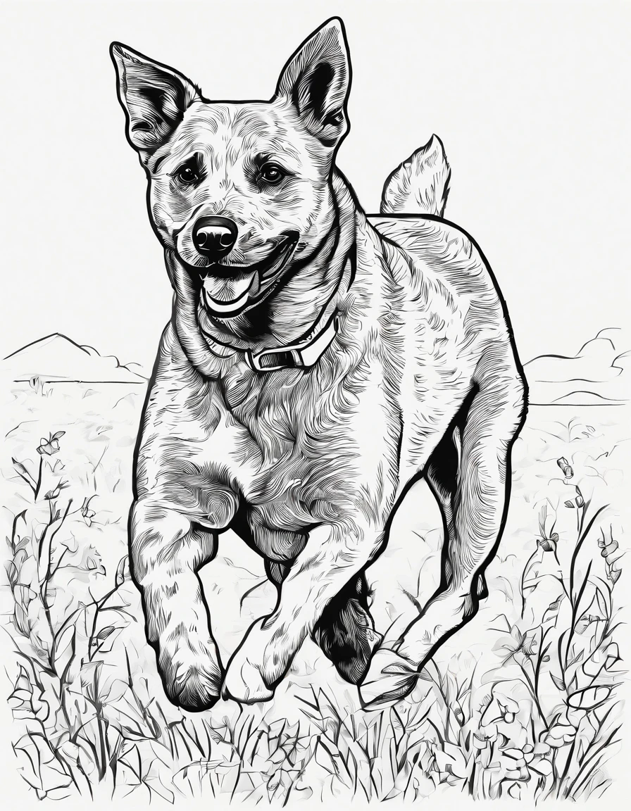 Blue heeler running in a field, high quality, high detail, for coloring page, no shading