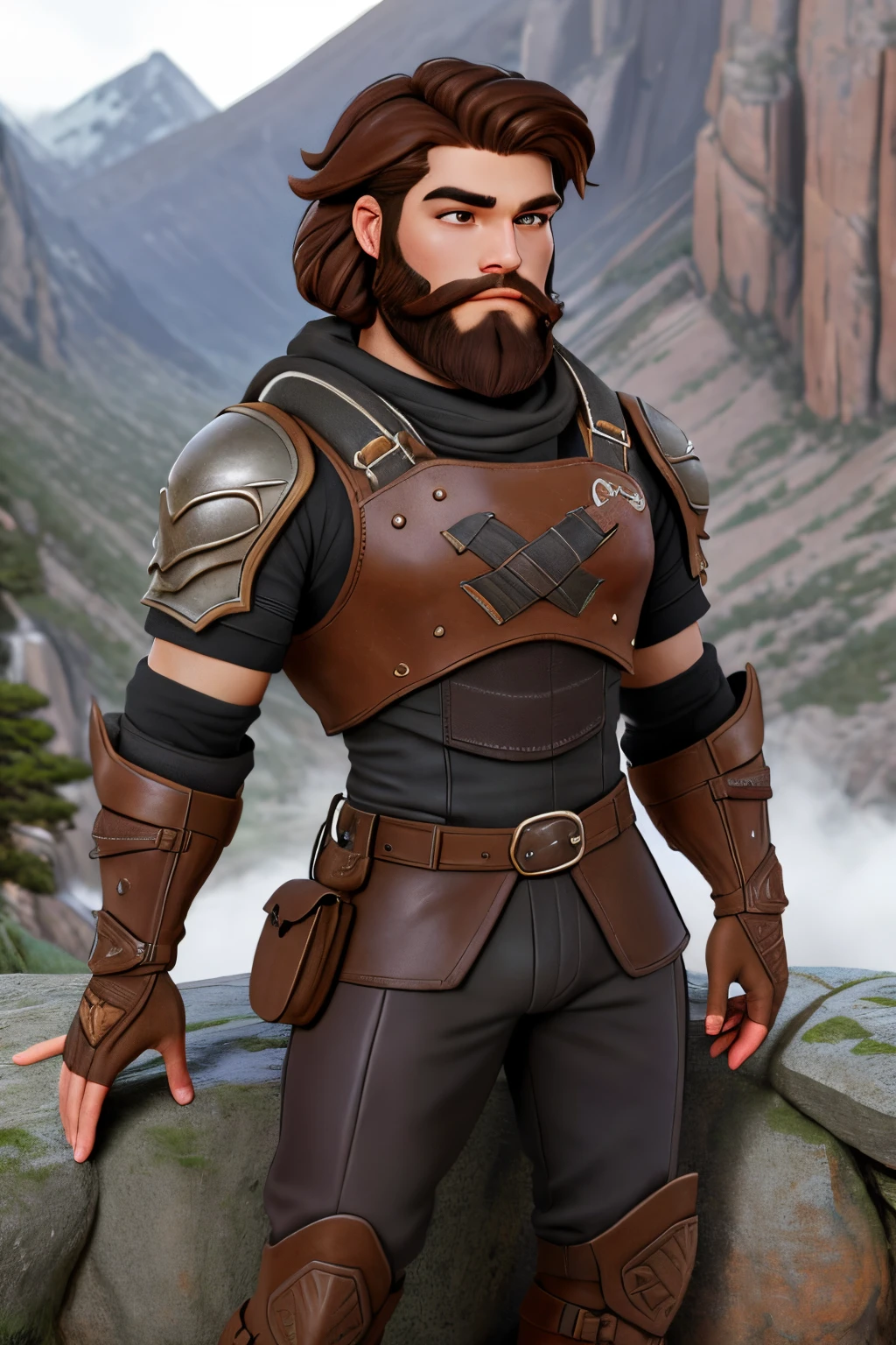 close up 1man in, bearded, Solo, brown hair, messy brown hair, short hair, dark eyes,  taned skin, heavy set, strong, thick body, manicured beard, detailed skin, neutral face, (wearing Hunter armor, leather pants, van braces, big boots, fingerless gloves: 1.1), (neutral pose: 1.22), (detailed mountainous background:1.1), valley, overlooking waterfall, 4k textures, soft light, elegant, highly detailed, sharp focus, soothing tones, insane details, intricate details, hyperdetailed, low contrast, exposure blend, hdr, faded