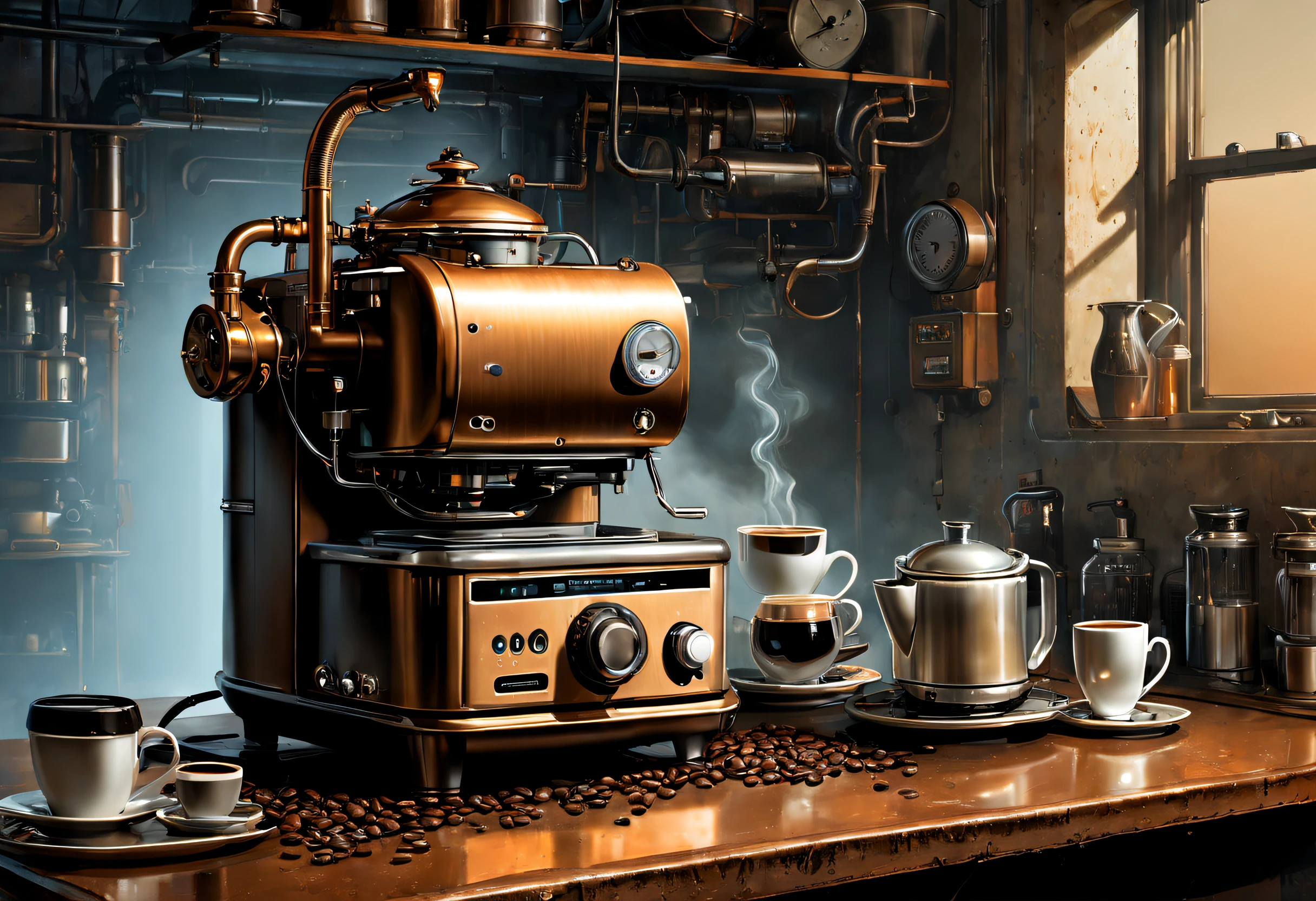 (coffee machines),(Electric kettle),(grinding machine),(rice cooker),wastelands, sci fi art, Dennis Ruston