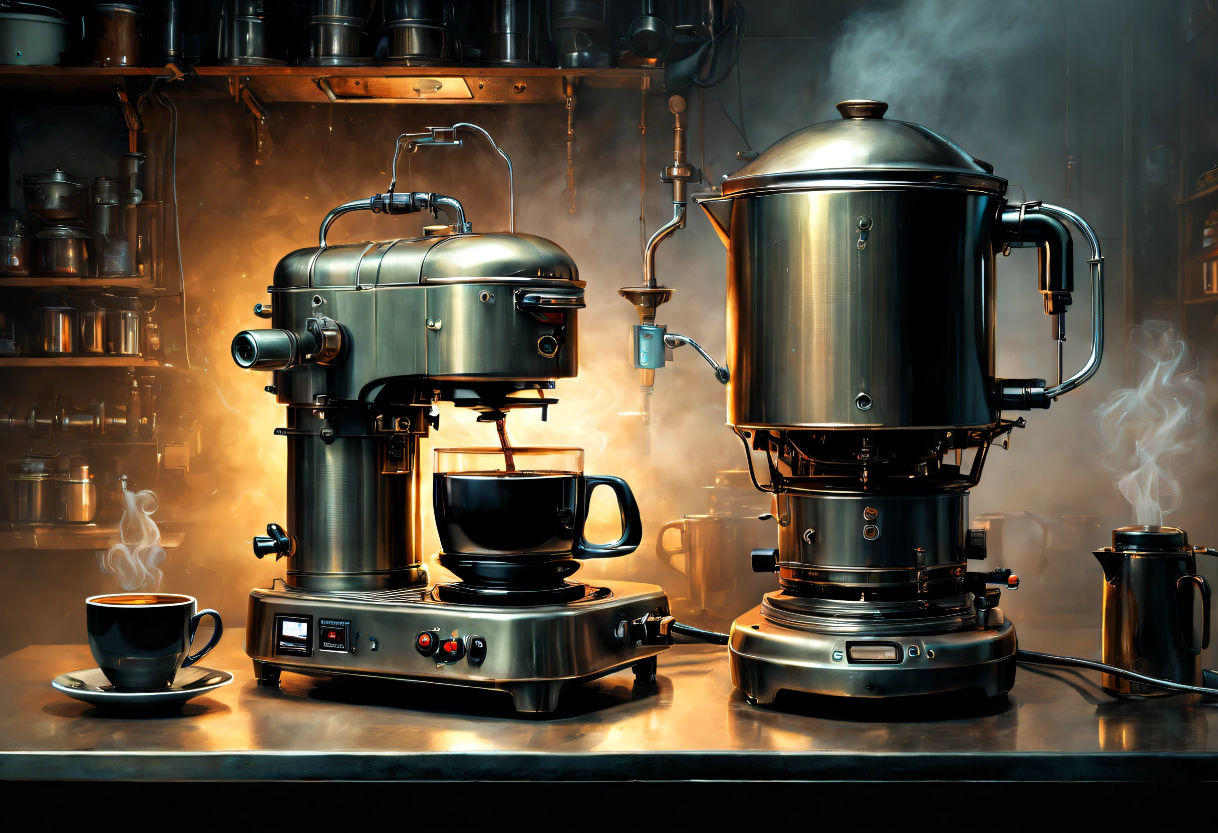 （coffee machines），（Electric kettle），（grinding machine），（rice cooker），wastelands, sci fi art, Dennis Ruston