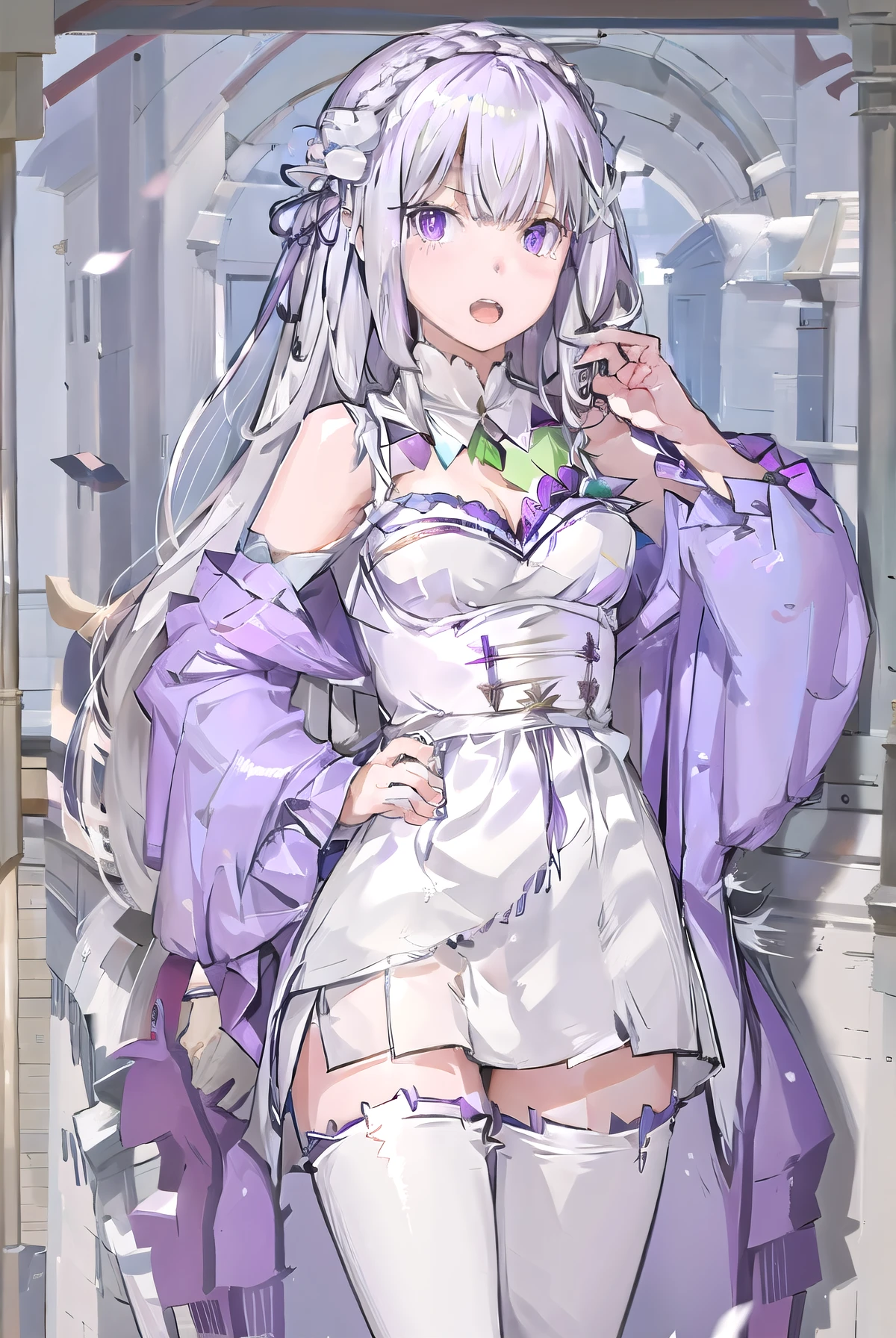 rezeroemilia, emilia, braid, crown braid, flower, hair flower, hair ornament, hair ribbon, long hair, low-tied long hair, (purple eyes:1.2), pointy ears, white flower, x hair ornament, open mouth,
BREAK White Lacey bra, blue jeans, 
BREAK outdoors, city,
BREAK looking at viewer, (cowboy shot:1.5),
BREAK (masterpiece:1.2), best quality, high resolution, unity 8k wallpaper, (illustration:0.8), (beautiful detailed eyes:1.6), extremely detailed face, perfect lighting, extremely detailed CG, (perfect hands, perfect anatomy),