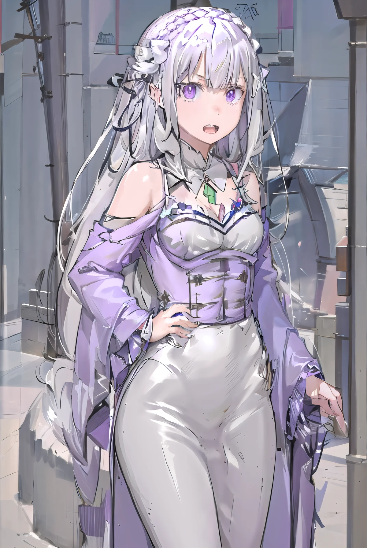 rezeroemilia, emilia, braid, crown braid, flower, hair flower, hair ornament, hair ribbon, long hair, low-tied long hair, (purple eyes:1.2), pointy ears, white flower, x hair ornament, open mouth,
BREAK White Lacey bra, blue jeans, 
BREAK outdoors, city,
BREAK looking at viewer, (cowboy shot:1.5),
BREAK (masterpiece:1.2), best quality, high resolution, unity 8k wallpaper, (illustration:0.8), (beautiful detailed eyes:1.6), extremely detailed face, perfect lighting, extremely detailed CG, (perfect hands, perfect anatomy),