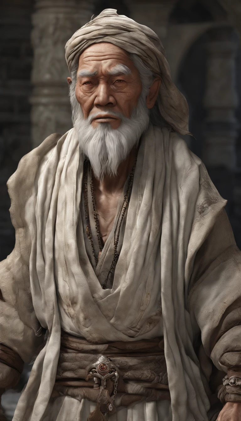 Old Man of the East,Frontal portrait of ancient figures,Visually inspect the audience,Immortal Wind Road Bone,White haired man。ginger clothes。Pale color background。hyper HD, retinas, tmasterpiece, Acura, Anatomically correct, Award-Awarded, high high quality, high detal, super detailing, ctextured skin, Best quality, A high resolution, 1080p, k hd, 4K, 8K, 16k。