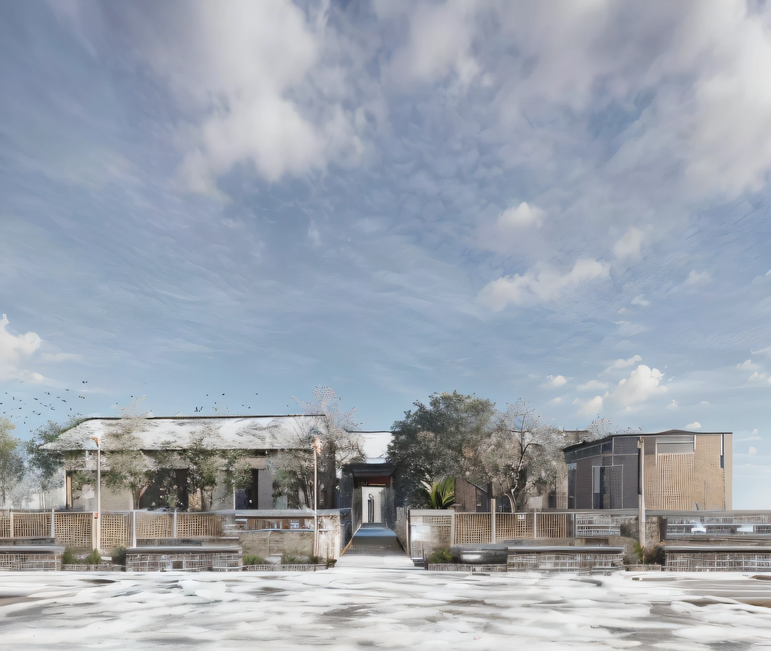 There is a photo of the building,In the background are the sky, photographic render, archviz, building rendering, highly photographic render, building rendering, Photorealistic rendering, Wide angle shooting, a digital rendering, establishing shot, a digital rendering, archviz, finalrender, architectural 3d render, author:Shen Zhou, highly rendered!!, artistic impression, artist impression