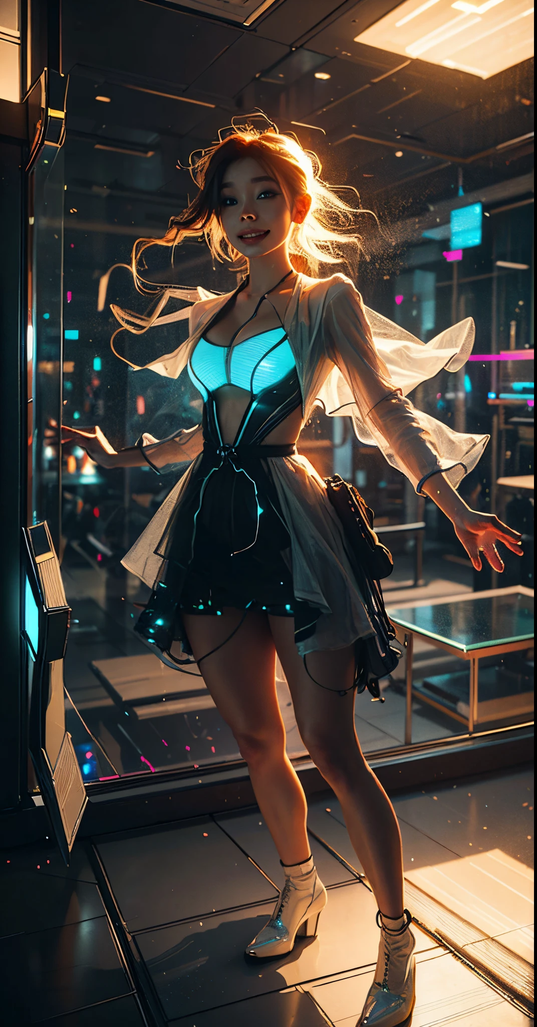 a glowing head made of glass and a glowing body made of glass, many transparent reflective glass, (nice breast) full body, long legs, big smile, amazing particles pulling misting out of the glass head and body, like droplets of glass floating, 8k highly detailed digital art, intricate artwork, octane render, mind-bending digital art, breathtaking digital art, 3d digital art, 8k hd wallpaper, volumetric lighting, highly reflective glass particles