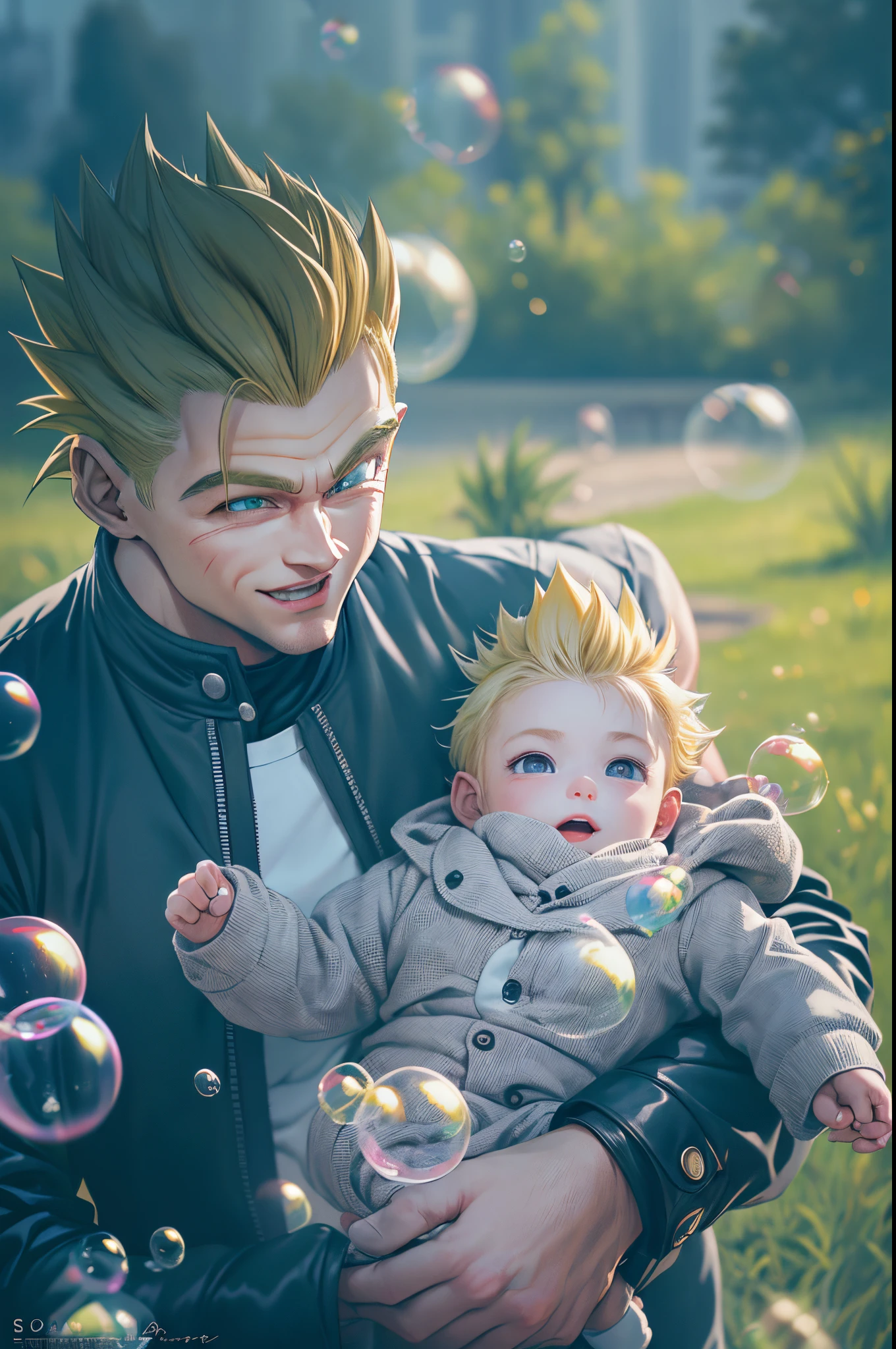 araffe man holding a baby in a park with bubbles, HD, (Masterpiece), (Photo:1.3),High Quality, High Resolution, Smile, Perfect Lighting, Masterpiece, beautiful, ((SuperSaiyan)), cowboy shot, ((blonde hair:1.3)), super saiyan, (spiked hair),detailed face, detailed eyes,