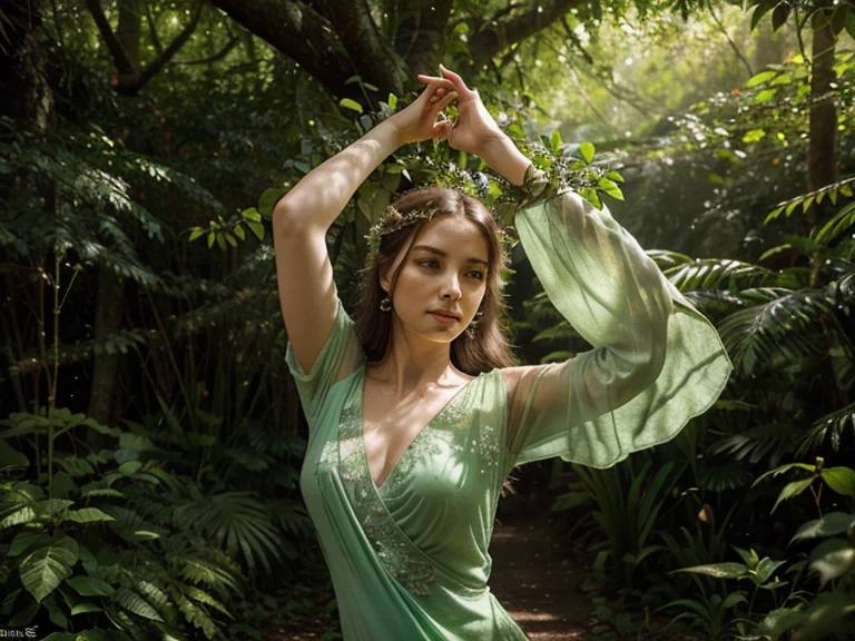 Envision a captivating scene of a woman with nature-infused powers standing in a lush, mystical forest. Her connection to nature is evident as vines gracefully wrap around her arms, and flora responds to her presence, blooming vividly. Sunlight filters through the dense canopy, casting a gentle glow on her serene expression. The air is filled with the harmonious sounds of rustling leaves and bird songs, emphasizing the profound bond between the enchanted woman and the magical forest. This visual tells a story of a guardian in harmony with the natural world, embodying the beauty and power of nature.
