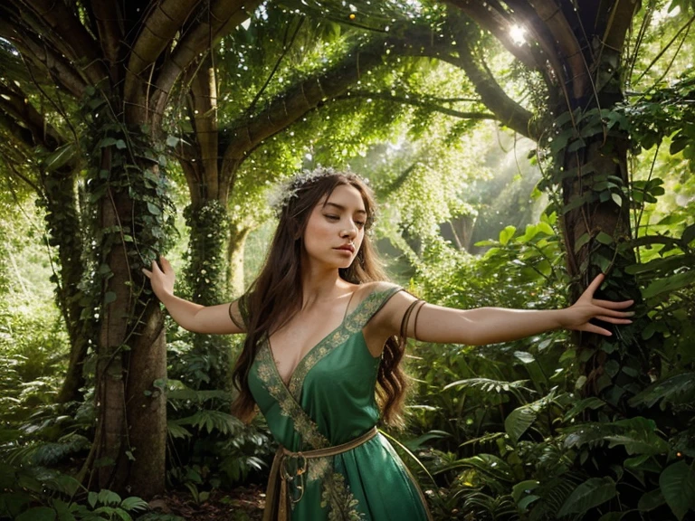 Envision a captivating scene of a woman with nature-infused powers standing in a lush, mystical forest. Her connection to nature is evident as vines gracefully wrap around her arms, and flora responds to her presence, blooming vividly. Sunlight filters through the dense canopy, casting a gentle glow on her serene expression. The air is filled with the harmonious sounds of rustling leaves and bird songs, emphasizing the profound bond between the enchanted woman and the magical forest. This visual tells a story of a guardian in harmony with the natural world, embodying the beauty and power of nature.