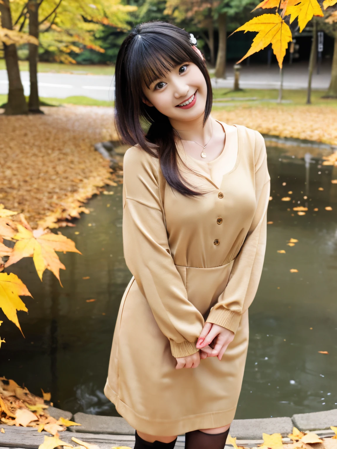 Ultra high-definition images，masutepiece, best_quality, 1girl in, Arashiyama now，Solo, (goth:1.2), Rin in a beige uniform々Shishi Woman，under the autumn leaves，Full-body high-definition images，smiling and facing towards me，