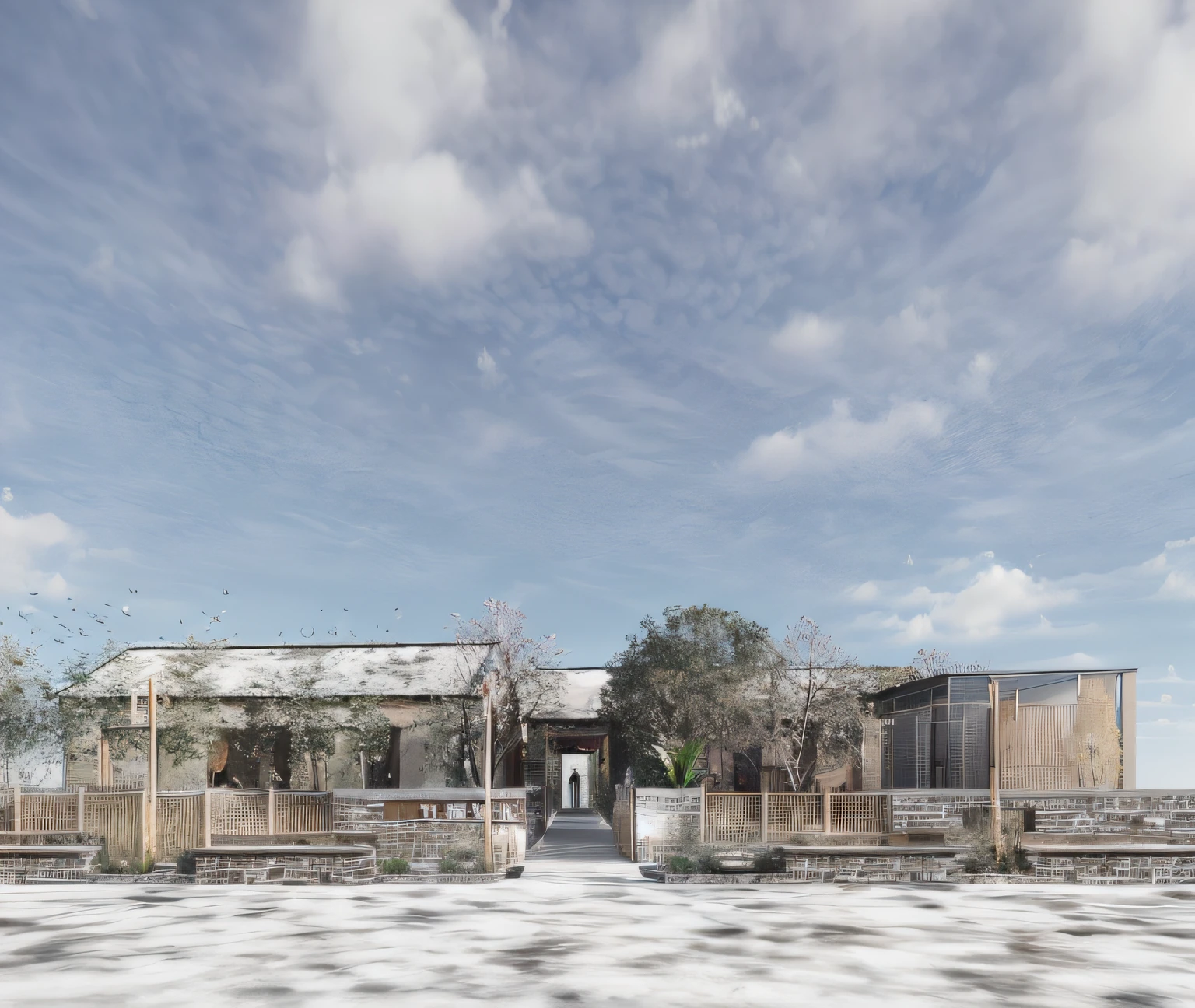 There is a picture of the building,In the background are the sky, photographic render, archviz, building rendering, highly photographic render, architectural render, photoreal render, wide angle establishing shot, a digital rendering, establishing shot, a digital rendering, archviz, finalrender, architectural 3d render, author:Shen Zhou, highly rendered!!, artistic impression, artist impression